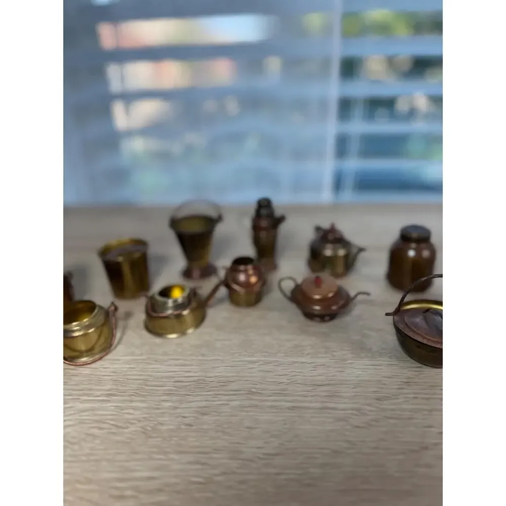 Vintage Japan Miniature Brass Copper Kitchenware Lot, 12pc Dollhouse Decor